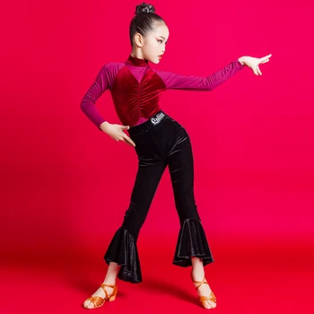 2 Adet Set Latin Dans Kostümleri Kızlar için Üstleri Pantolon Tam Kollu Dansçı Elbise Bodycon Sahne Performansı Siyah Pantolon Kadife 2022