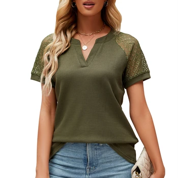 V Yaka Dantel Hollow Tee Kısa Kollu Kadın Yaz Ordu Yeşil Zarif günlük t-Shirt 2023 Katı Ofis kadın bluzları
