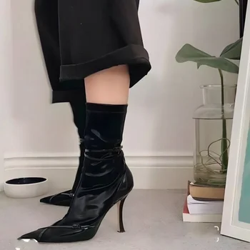 Kadın Yüksek Topuk Ayakkabı Sonbahar Yeni Sivri Burun İnce Topuk Orta Buzağı Çizmeler Kadınlar için Seksi Moda Pu Deri Bayan Streç Çizmeler