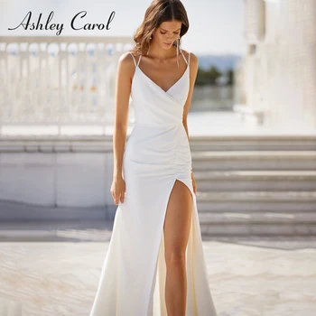 Ashley Carol Kılıf düğün elbisesi 2022 Büyüleyici Spagetti Sapanlar V Yaka Criss-Cross Backless Gelin Şifon Yarık Hem gelin kıyafeti