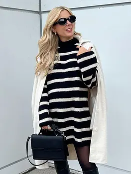 Moda Siyah Beyaz Şerit Kadın Örgü Mini Elbise Gevşek Yarım Yüksek Yaka Uzun Kollu Elbiseler 2023 Sonbahar Bayan Streetwear Elbise