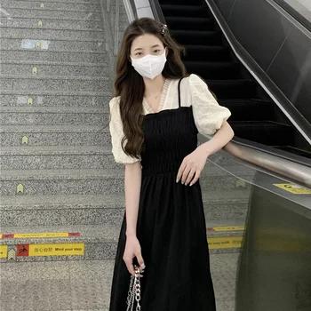 Kadın yaz elbisesi Sahte İki Adet Karın Kontrol puf kollu Siyah V Yaka Mizaç Kadın Elbise Vestidos BHF849