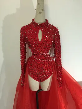 Kırmızı el-dikili rhinestones ve perçinler yılbaşı kostüm şarkıcı kostüm kadın DJ kostüm GOGO kostüm