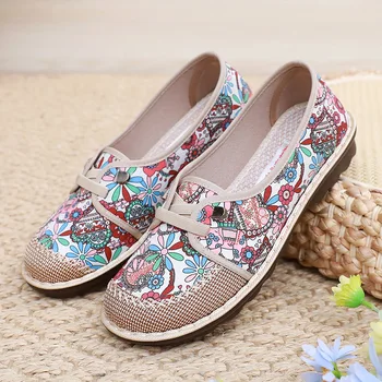 Hafif Yumuşak tabanlı Rahat Eski Pekin Bez Ayakkabı, çiçekler Etnik Tarzı Orta Yaşlı ve Yaşlı Anneler Ayakkabı ve Kadın