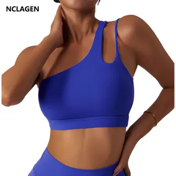 NCLAGEN Yoga Sutyen Bir Omuz Spor Iç Çamaşırı Kadın Çıkarılabilir Göğüs Pedi Elastik Koşu Spor Yelek Egzersiz Spor kırpma kolsuz yelek