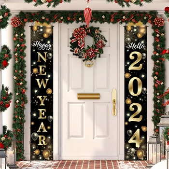 Yeni Yılınız Kutlu Olsun 2024 Dekorasyon Siyah Altın Yeni Yıl Kapı Asılı Afiş Bayrakları Yeni Yıl Noel Dış mekan süslemeleri Navidad 2024
