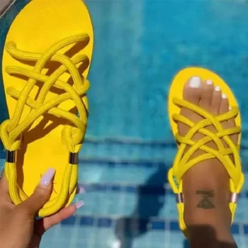 Kadın Sandalet Örgü Yaz Ayakkabı Kadın Şeker Renk Flats Sandalet Chaussure Femme Plaj Kadın Terlik Rahat Yaz Sandalet