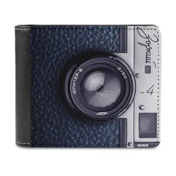 Vintage Kamera Koyu Mavi Deri Şık Fotoğrafçı erkek cüzdanı Desen Deri erkek küçük cüzdan Çoklu Kart