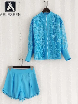 AELESEEN Yüksek Kaliteli şort takımı Kadın Tasarım Moda Mavi Çiçek Nakış Fener Kollu İnciler Düğme Bluz + şort takımı