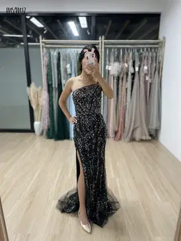 MYMB Siyah Seksi Yüksek Bölünmüş Mermaid Boncuklu Kız Prenses Elbiseler Düğün Parti için 2024 Yeni Lüks Kayma Tül Akşam balo elbisesi
