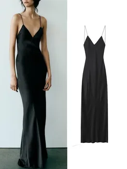 TRAF Yeni Kadın Backless Seksi Elbise 2023 Sonbahar Moda Zarif Kadın Derin V Yaka Kolsuz İnce Katı Parti gece elbisesi