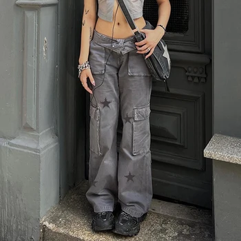 Vintage Düşük Bel Baggy Kot Kadın 2023 Yaz Moda Yıldız Baskı Büyük Cepler Denim Kargo pantolon Kadın Rahat Düz Bacak Kot