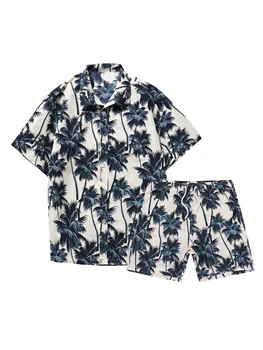 Erkek Hawaiian Çiçek Baskı Kısa Kollu Gömlek ve şort takımı-Tropikal Tatil Takım Elbise