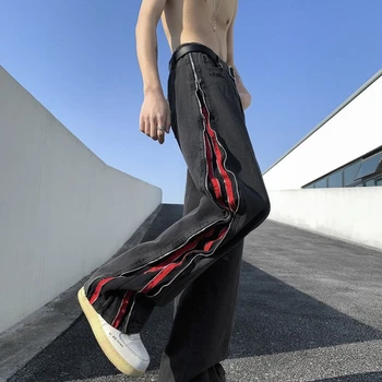 Yan fermuar yarık mikro flare kot orijinal yüksek sokak Amerikan pantolon erkek high-end ince moda retro trend ıns pantolon
