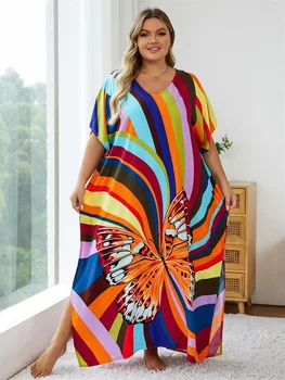 EDOLYNSA Renkli kadın Kaftan kelebek baskılı bohemian sıcak satış elbise büyük boy mayo cover-up elbise plaj elbise Q1564