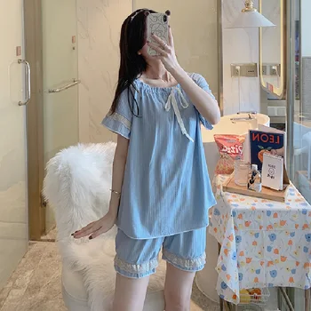 Kadın Pamuk 2 ADET Pijama Takım Elbise Yaz Yeni Gevşek Kıyafeti Dantel Yay Trim Güzel Ev Giyim Kare Yaka Üst ve Şort Mavi Pijama