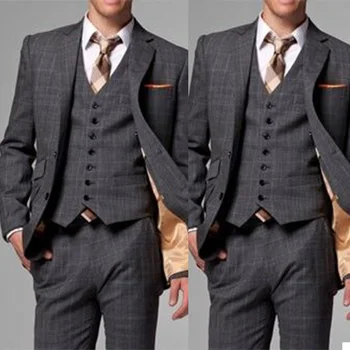 3 Parça Modern Tasarım Erkekler Suits & Blazer + Pantolon + Yelek Ekose Resmi Smokin Suit Özel Made Düğün Takımları