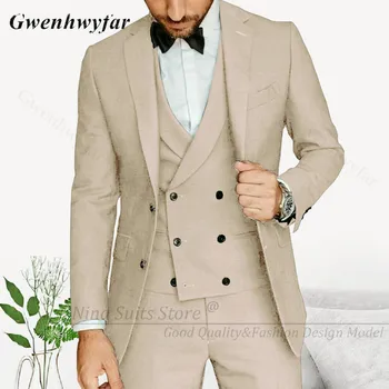 G & N 2023 Zarif Takım Elbise Erkekler İçin Bej Slim Fit Düğün Damat Doruğa Yaka Smokin 3 Parça Set Resmi İş Blazer Custom Made