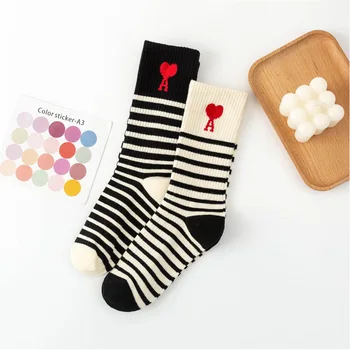 Kalp Şeklinde Çizgili Retro Çorap Örme Sıcak Çok Yönlü Kat Çorap Kış Pamuk Kabarık Lüks Sıcak Çizmeler Çorap Kadın Erkek