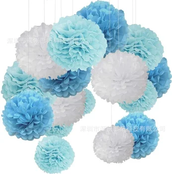 10 inç 25 cm Mavi Beyaz Doku Kağıt Pom Poms Çiçek Topları Düğün Odası Dekorasyon Parti Malzemeleri için DIY Asılı Kağıt Çiçekler