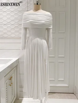 Eshın Düz Renk Beyaz Uzun Kollu Pilili Lüks Elbise Elbiseler Kadınlar İçin 2024 Bahar Moda Kadın Yeni Elbise TH6443