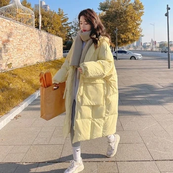 Aşağı pamuklu ceket Kadın Kış 2023 Yeni Düz Renk Kapşonlu Uzun Pamuklu Ceket Kore Tarzı Moda Rahat Kalın Parkas Bayan