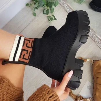 Moda Marka Kadın yarım çizmeler Örme Streç Çorap Çizme Kadın Ayakkabı Platformu Düz Elastik Kumaş Sonbahar Kış Çizmeler Kadın