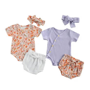 0-18M Bebek Bebek Kız 3 Adet Giyim Seti V Yaka Katı Kısa kollu Romper Tulum Şort Kafa Bandı