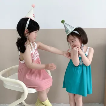 9m-6y Düz Renk Moda Bebek Kız Kaşkorse Elbise Yaz Giyim 2023 Yeni Çocuk Basit Harfler Kayma Etek Çocuk Kız Elbise