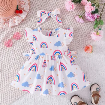 Yaz Yeni Kolsuz Gökkuşağı Desen Elbise Sınır Küçük Kız Moda Rahat Bir Çizgi Elbise Uygun İki Parçalı Elbiseler Kızlar için