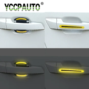 YCCPAUTO 4 Adet Yansıtıcı Araba Sticker Karbon Fiber Kapı Kase Anti-scratch Bant Otomatik Kolu Yansıtıcı Şeritler Uyarı Çıkartmaları
