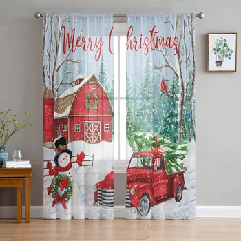 Noel Kış Çiftlik Kırmızı Ahır Kardan Adam Araba Ağacı Kuş Sırf Perdeleri Oturma Odası Yatak Odası vual pencere Perdesi Tül Perdeler