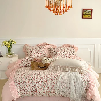 Kızlar Pembe Mor yatak odası dekoru %100 % Pamuk Yumuşak Yatak Çarşafları Seti Gül Lale Desen Fırfır Nevresim Shams Kraliçe Kral