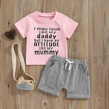 Bebek Kız Yaz Kıyafet Mektubu Baskı Ekip Boyun Kısa Kollu T-Shirt Üstleri Elastik Bel Şort 2 Adet Giyim Seti