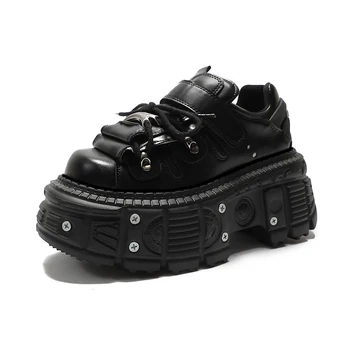 Siyah Punk Metal Tokalı Sneakers Kadınlar Kalın Taban Lace up Kaya Deri Ayakkabı Vintage Lüks Tasarımcı Y2K Ayakkabı Ücretsiz Kargo