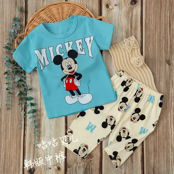 Karikatür Mickey Mouse Erkek giyim setleri Yaz Kısa Kollu Pamuklu Bebek Üstleri + Bebek Şort 2 Adet Rahat çocuk giysileri