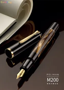 Yeni Pelikan Klasik M200 Pistonlu dolma kalem Kahverengi Mermer, Altın Kaplamalı EF, F, M, B Ucu, Sıcak ve Yumuşak Doku Kolu