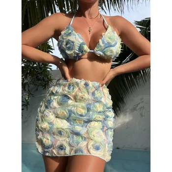 3D Çiçek Patchwork 3 Adet bikini seti 2024 Halter Kadınlar Mayo plaj elbisesi Kadın Seksi Halter Mikro Mayo Mayo