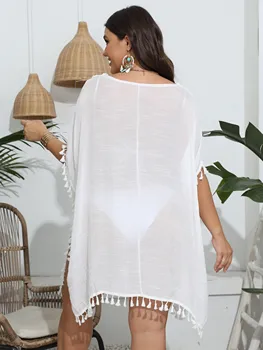 2023 Yeni Tığ İşi V yaka Yüzmek Cover Up Bayan Yaz Plaj Elbise Püskül Sundress Pareo Tunikler Beyaz Büyük Plaj Kıyafeti Örtbas