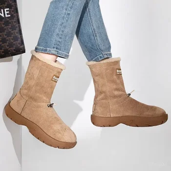 Kış Kadın Kürk Flats Kar yarım çizmeler Platformu Sıcak Süet pamuklu ayakkabılar Kadın Rahat 2024 Yeni Kısa Peluş Chelsea Çizmeler Kadın