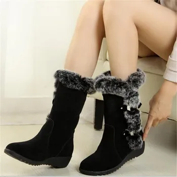 Yeni Kış Kadın Çizmeler Rahat Sıcak Kürk Orta Buzağı Çizmeler Ayakkabı Kadın Slip-On Yuvarlak Ayak Takozlar Kar Botları Ayakkabı Mujer Artı Boyutu 42