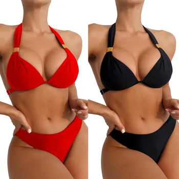 Düz Renk Bikini Seksi Kayış Marul Trim Bikini Bikini Etek örtbas Önlüklü Bikini Üst Ve Alt Peştemal Bikini Kadınlar