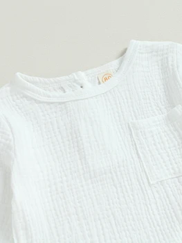 Sevimli Bebek Erkek Muslin tulum takımı Uzun Kollu Keten Gömlek ve Kabarcık Pantolon-Şık ve Rahat Sonbahar Kıyafeti