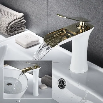 Iskandinav Pirinç Banyo Lavabo Şelale Musluk Beyaz Altın Mikser Soğuk Sıcak Küvet Musluk Banyo Vanity tezgah lavabosu Su Dokunun