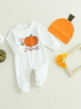 Sevimli bebek Unisex Cadılar Bayramı kostümleri kabak yama baskı uzun kollu s eşleşen şapka ile