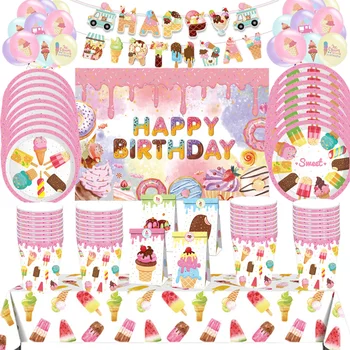 Dondurma Doğum Günü Partisi Dekorasyon Çocuklar Bebek Duş Tek Kullanımlık Sofra Kağıt Tabaklar Bardaklar Balonlar Masa Örtüsü Parti Malzemeleri