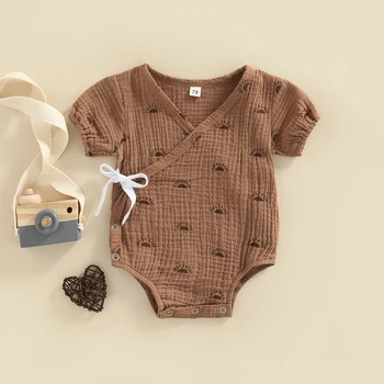 Yenidoğan Bebek Kız Erkek Kimono Romper Pamuk Rahat Kısa Kollu Güneş Baskı Wrap V Boyun Dantel Up Bodysuit Robe Japon Pijama