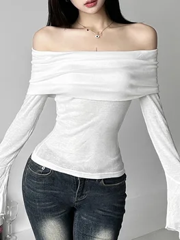 Y2k Estetik Basit Moda kadın Tee Gömlek Slash Boyun Uzun Kollu Katı Rahat T-Shirt Vintage Kapalı Omuz Moda Tişörtleri