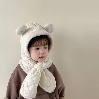 Bebek Kapşonlu Şapka Tek Parça Bebek Kulak Şapka Eşarp Kış Kalınlaşmak Pamuk Yastıklı Şapka Erkek Kız Toddler Kulak koruyucu bone