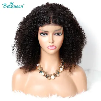 BeQueen Afro Kinky kıvırcık kahküllü peruk 4x4 Dantel Kapatma Kafa Derisi Üst Peruk 200 Yoğunluk Remy Brezilyalı kısa kıvırcık insan saçı Peruk
